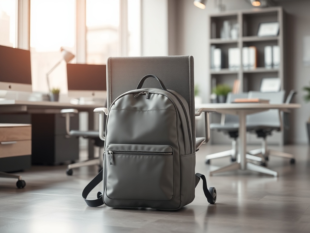 Un rucsac gri se află lângă un scaun într-un birou modern, cu computere și plante în fundal.