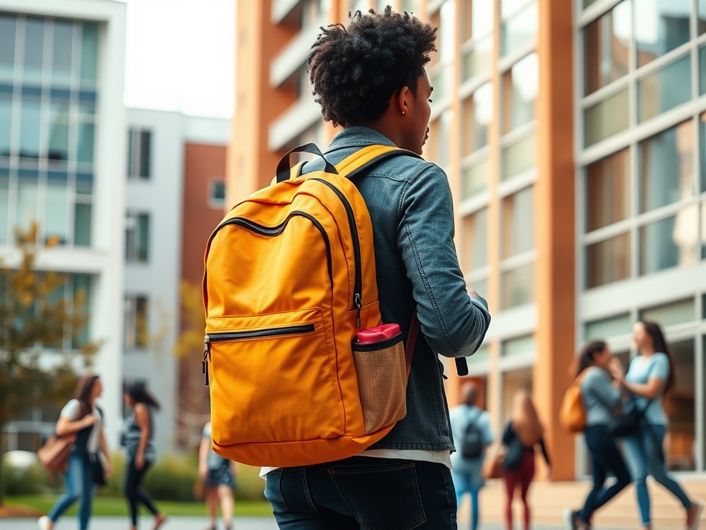 Un tânăr cu un rucsac galben se îndreaptă spre o clădire, înconjurat de alți studenți.  