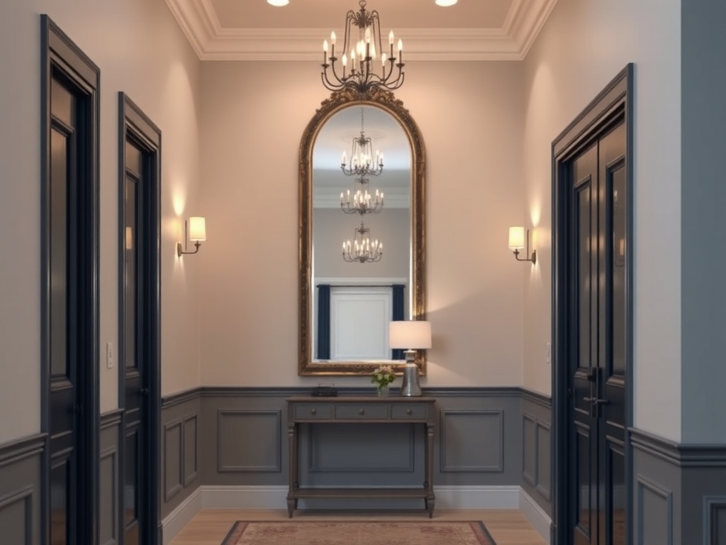 O intrare elegantă, cu oglinzi, candelabru și mobilier decorativ, având pereți în nuanțe de gri.